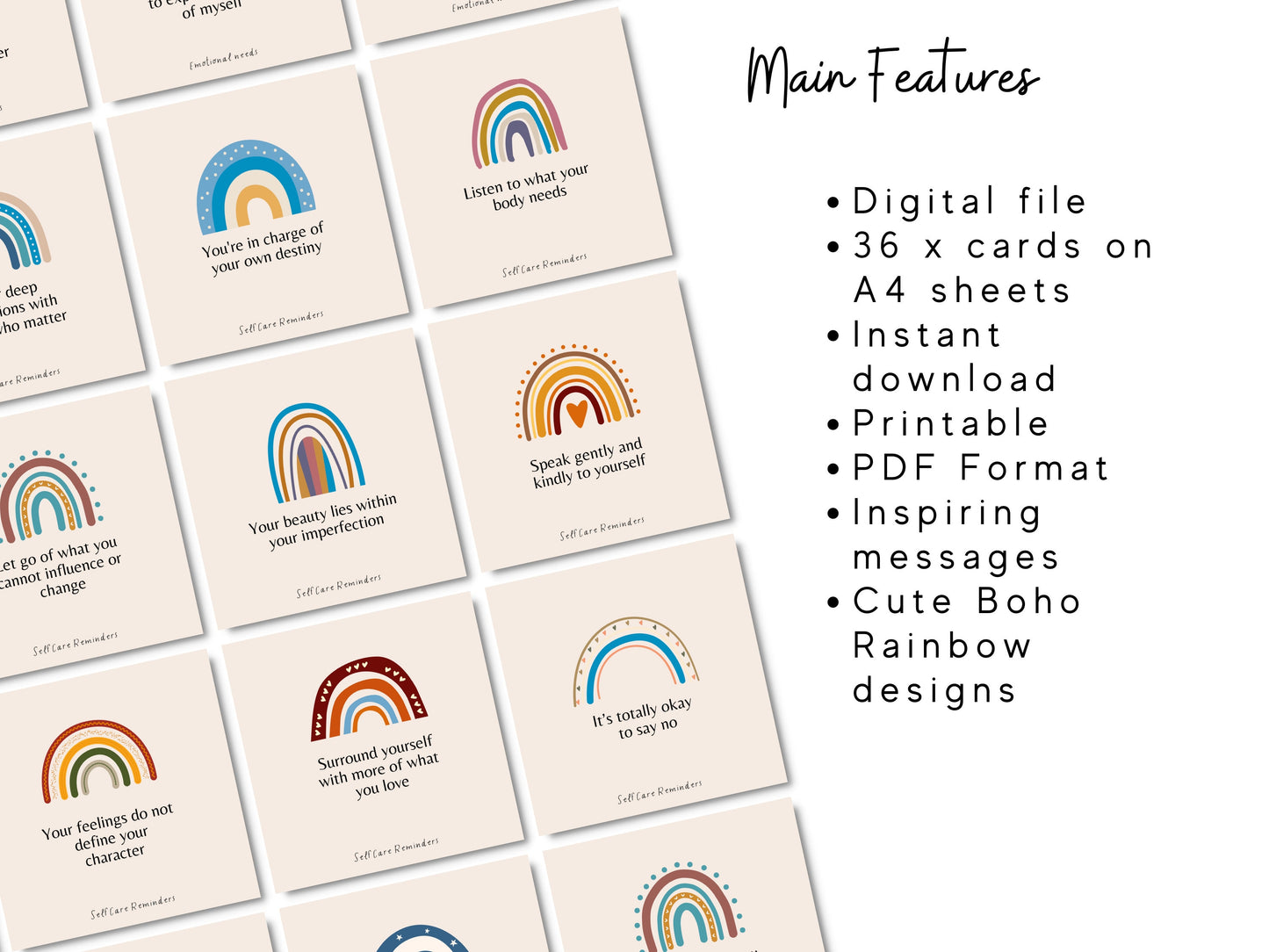 Boho Rainbow Self Care Reminders Cards | Therapy Tools | Affirmation Cards | Daily Intention Cards | Psychology resources | Mental Health