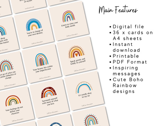 Boho Rainbow Self Care Reminders Cards | Therapy Tools | Affirmation Cards | Daily Intention Cards | Psychology resources | Mental Health