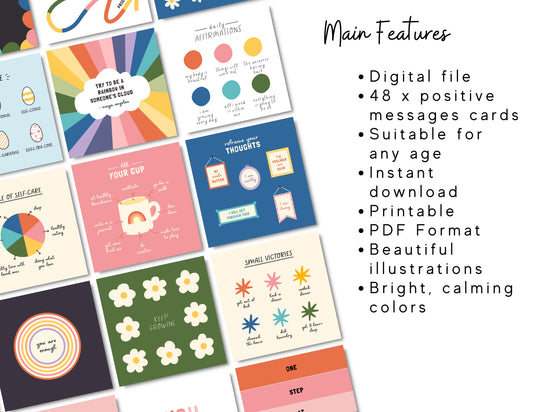 Bundle of 48 Positive Messages Cards | Mental Health Resources | Self Care Reminder Cards | Affirmation Cards | Therapy Tools