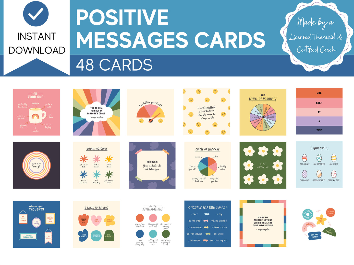 Bundle of 48 Positive Messages Cards | Mental Health Resources | Self Care Reminder Cards | Affirmation Cards | Therapy Tools