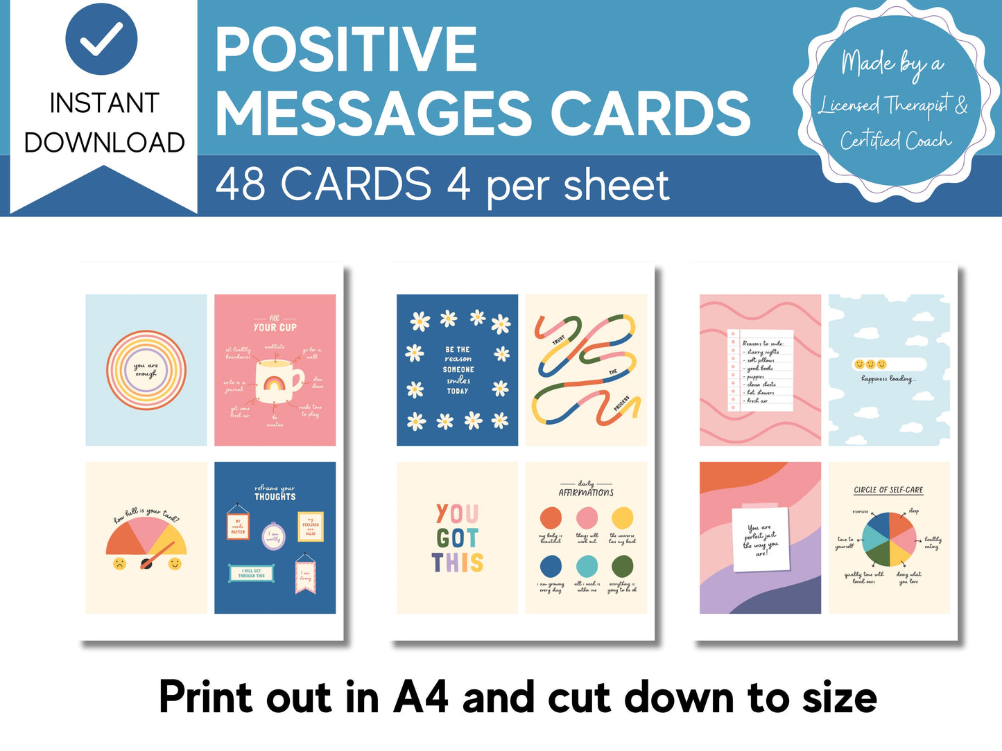 Bundle of 48 Positive Messages Cards | Mental Health Resources | Self Care Reminder Cards | Affirmation Cards | Therapy Tools