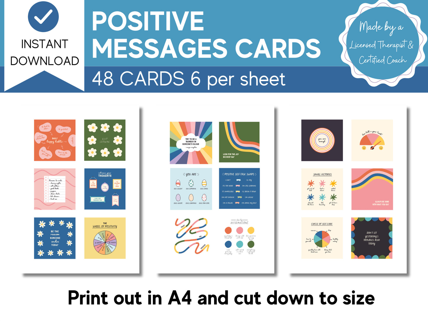 Bundle of 48 Positive Messages Cards | Mental Health Resources | Self Care Reminder Cards | Affirmation Cards | Therapy Tools