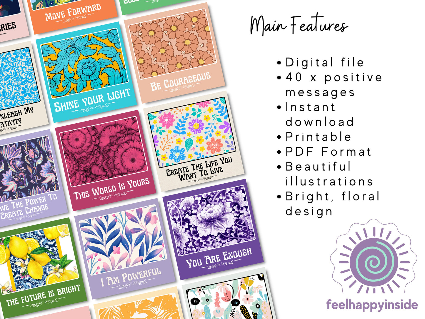 40 Digital Floral Design Positive Messages Cards | Mental Health Resources | Self Care Reminder Cards | Affirmation Cards | Therapy Tools