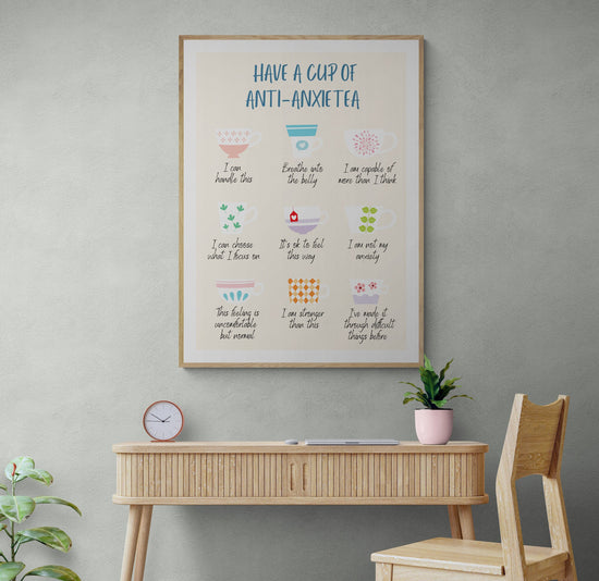 Anti-AnxieTEA Anxiety Affirmation Posters Self Care Digital Print Self Soothing Coping Strategy Therapy Office Decor Mental Health Print