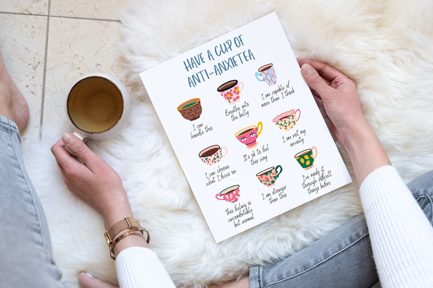 Anti-AnxieTEA Anxiety Affirmation Posters Self Care Digital Print Self Soothing Coping Strategy Therapy Office Decor Mental Health Print