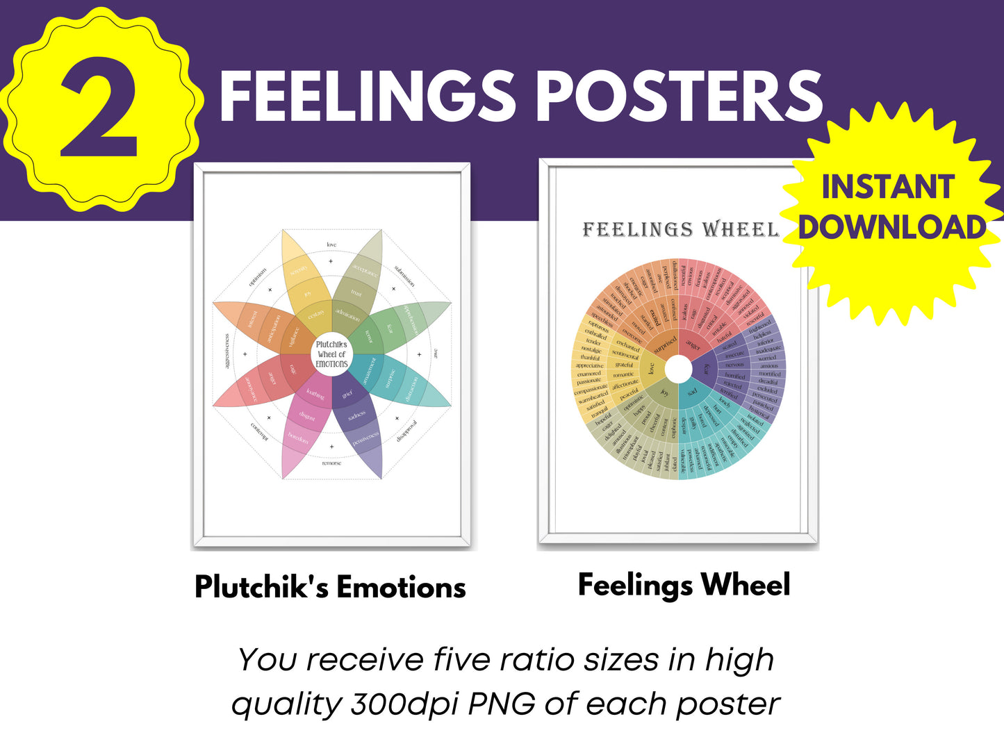 Set of 2 Digital Feelings Posters | Plutchik's Emotions & Feelings Wheel | Therapy Tools | Therapy Office Home Decor | Mental Health posters